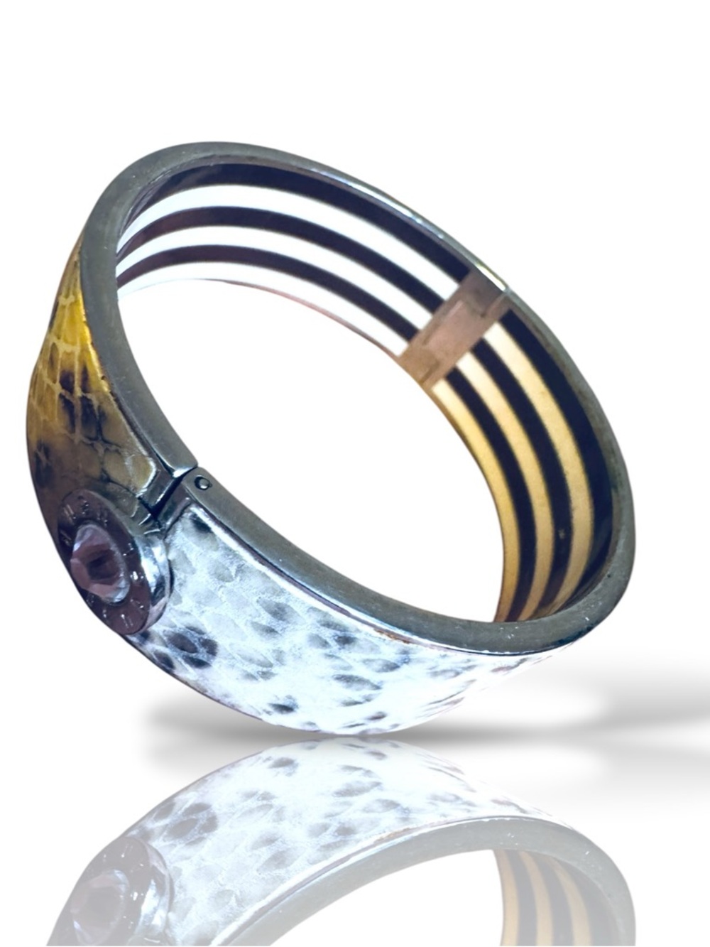 Henri Bendel Silver Toned Python Leather & Enamel Bangle with Crystal Medallion - Picture 3 of 4